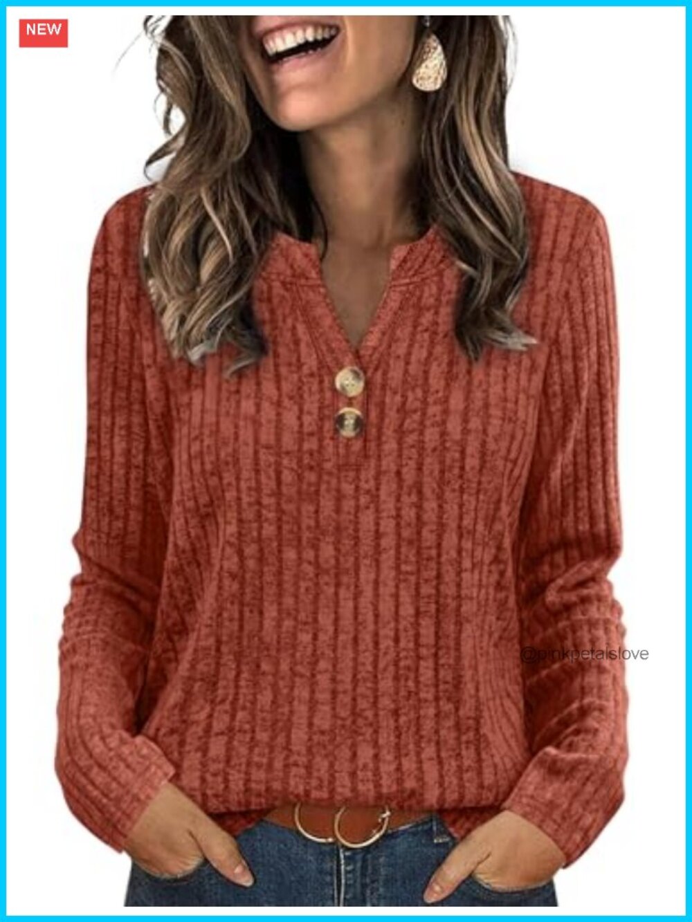Womens V Neck Button Sweater Lightweight Long Sleeve Tunic Top